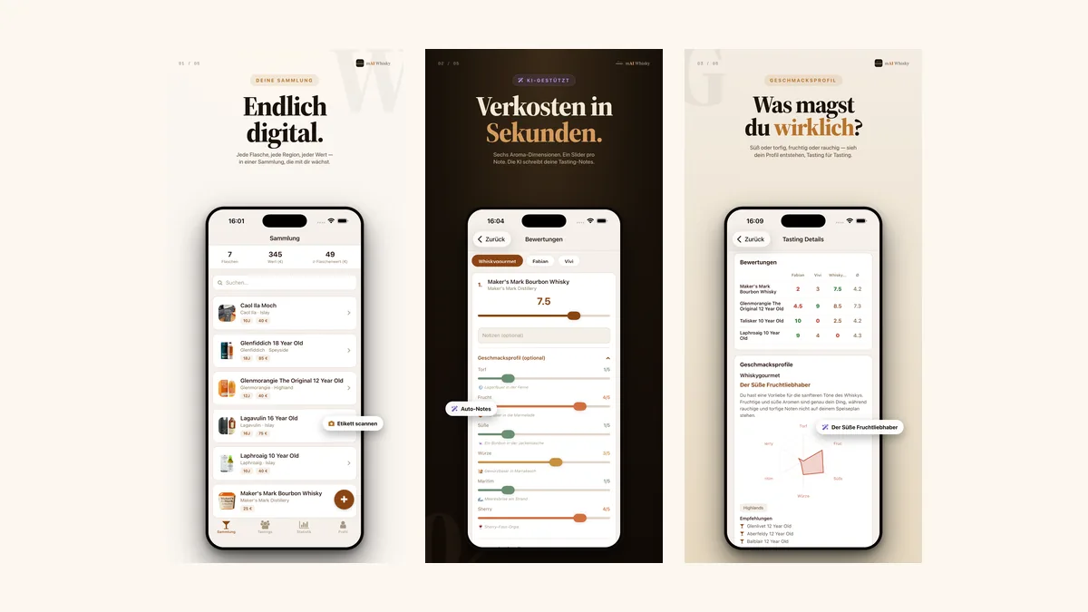 Drei App-Screens von mAI Whisky: Sammlung, Verkostung und Geschmacksprofil mit Radar-Chart