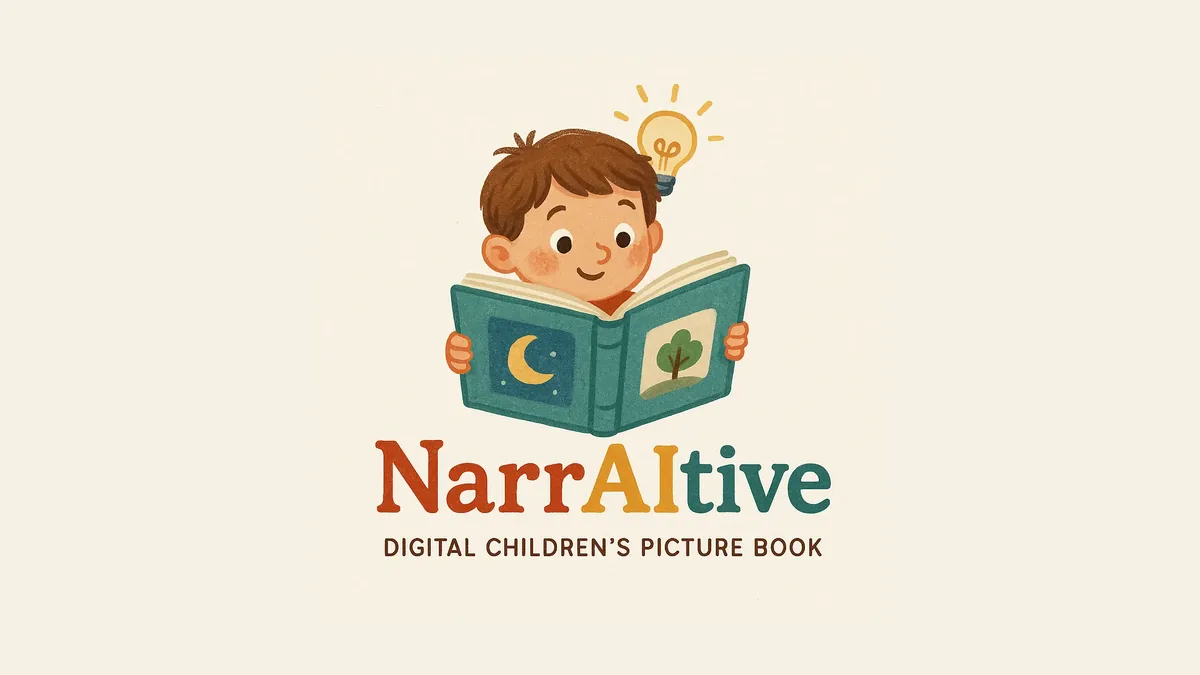 NarrAItive-Logo: ein Kind liest ein Bilderbuch, darüber eine Glühbirne, darunter der Schriftzug mit dem Untertitel Digital Children's Picture Book