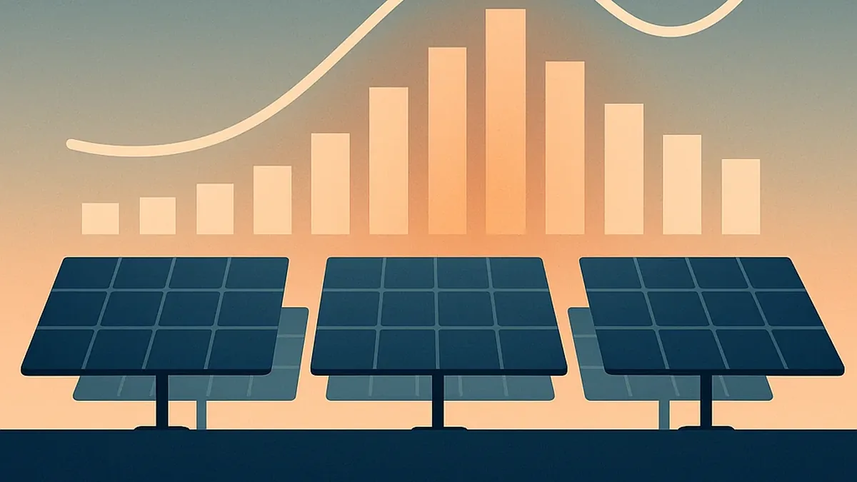 Illustration von Solarpanels vor einem ansteigenden Balkendiagramm mit Prognosekurve