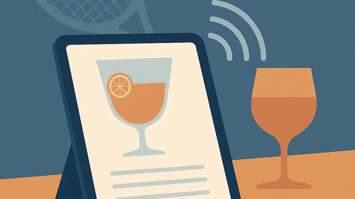 Illustration eines Tablets mit Getränkesymbol neben Tennisball und -schläger, per Funksymbol mit einem Becher verbunden
