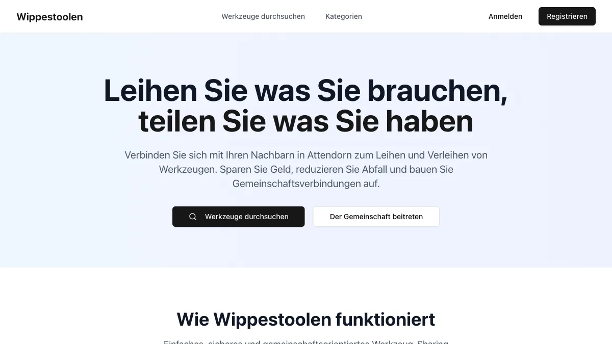 Startseite von Wippestoolen mit dem Hero-Text „Leihen Sie was Sie brauchen, teilen Sie was Sie haben“